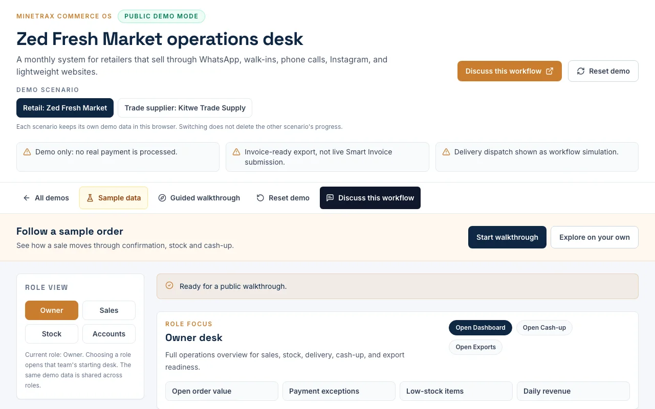 Commerce OS sample order and payment workflow