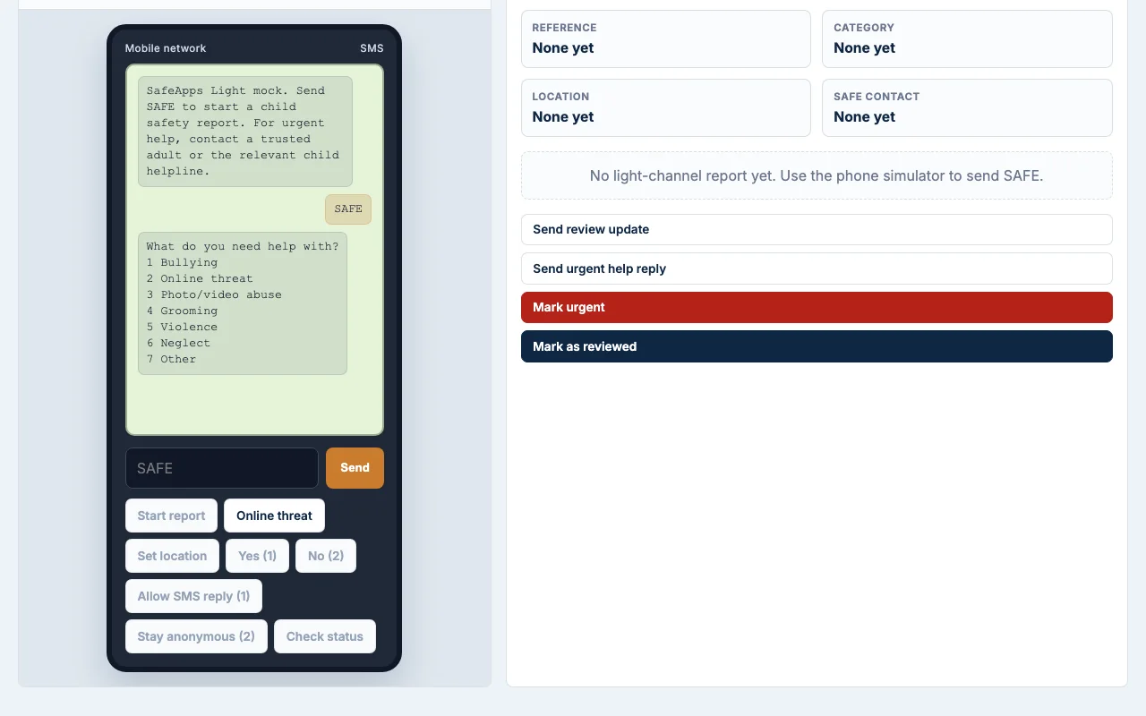 SafeApps Light sample SMS-style reporting conversation