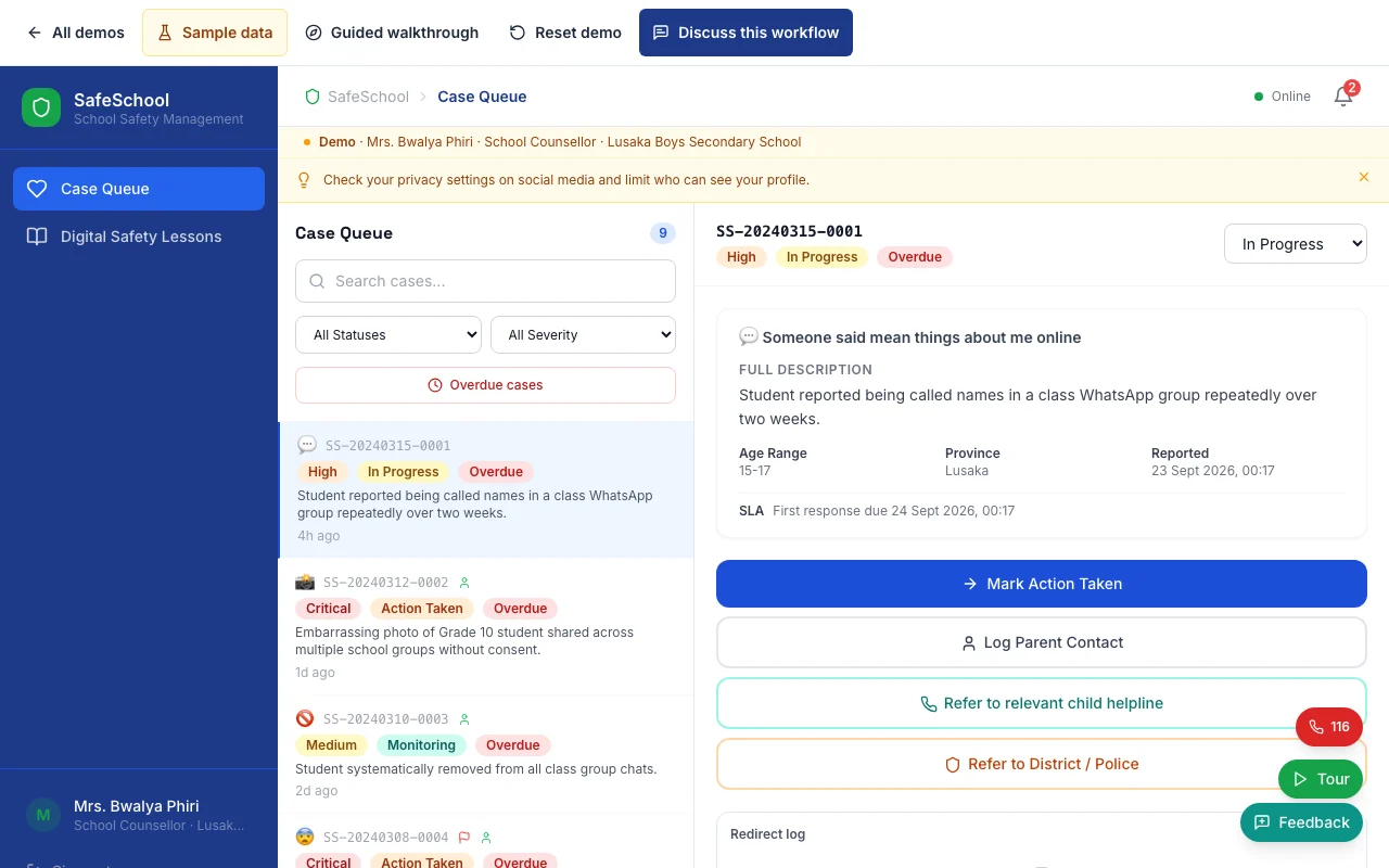SafeSchool ZM sample incident queue